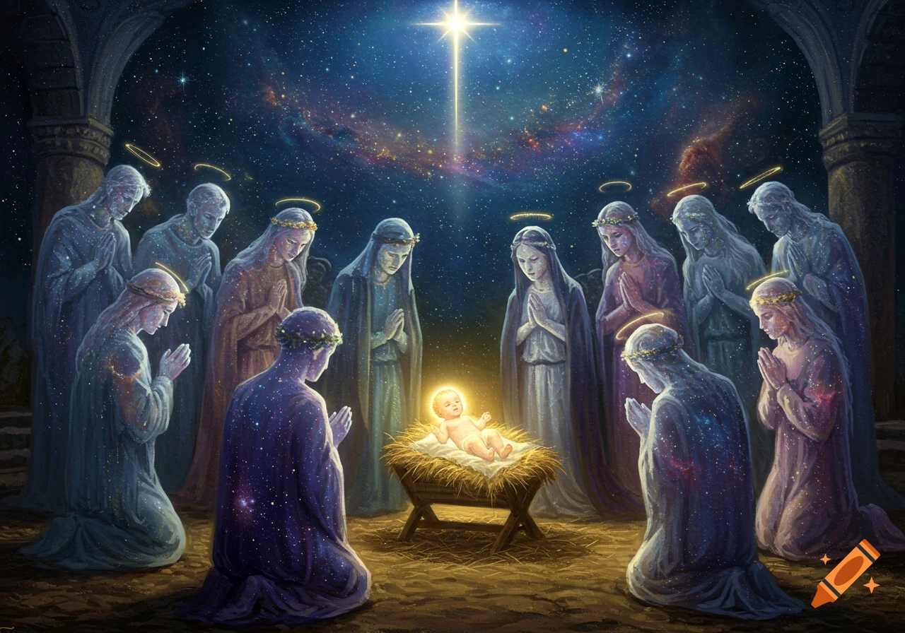 Stylized depiction of the Nativity with celestial figures kneeling around baby Jesus under a bright star in a starry night.