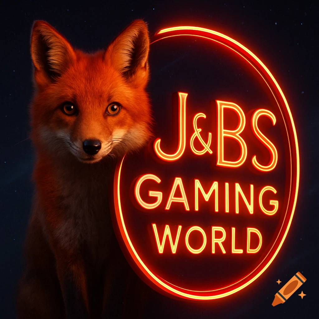 A photorealistic red fox looking directly at the viewer, with a neon sign overlapping its right side that reads 'J&BS GAMING WORLD'.