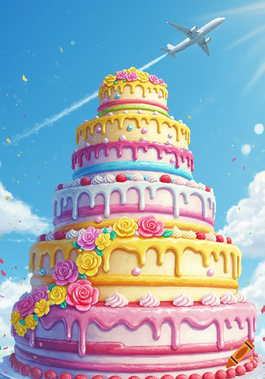 A vibrant, multi-tiered birthday cake decorated with colorful icing and flowers, an airplane flying overhead in a bright blue sky.