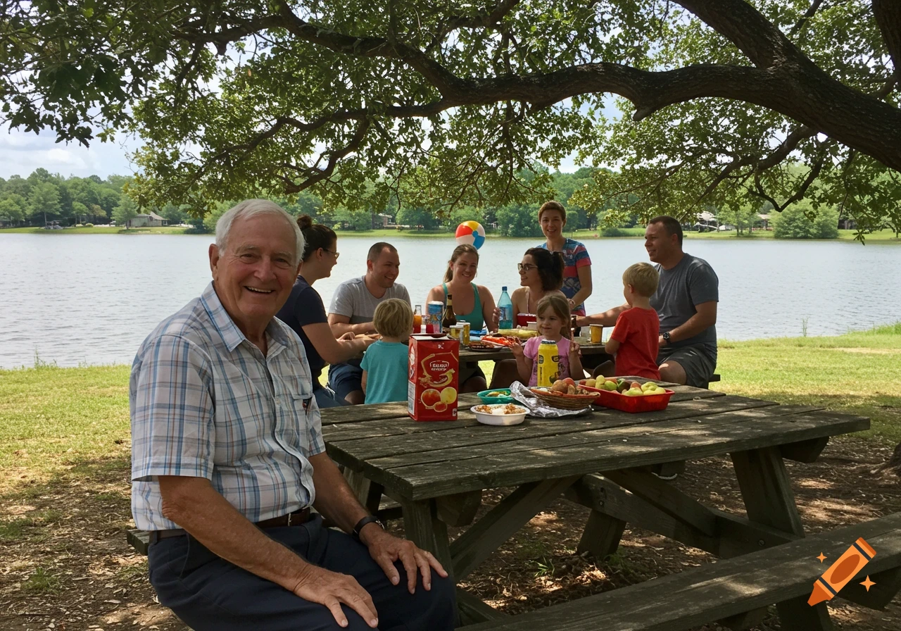 An elderly man smiles at the camera, while a family gathers around a picnic table next to a lake under a large tree.