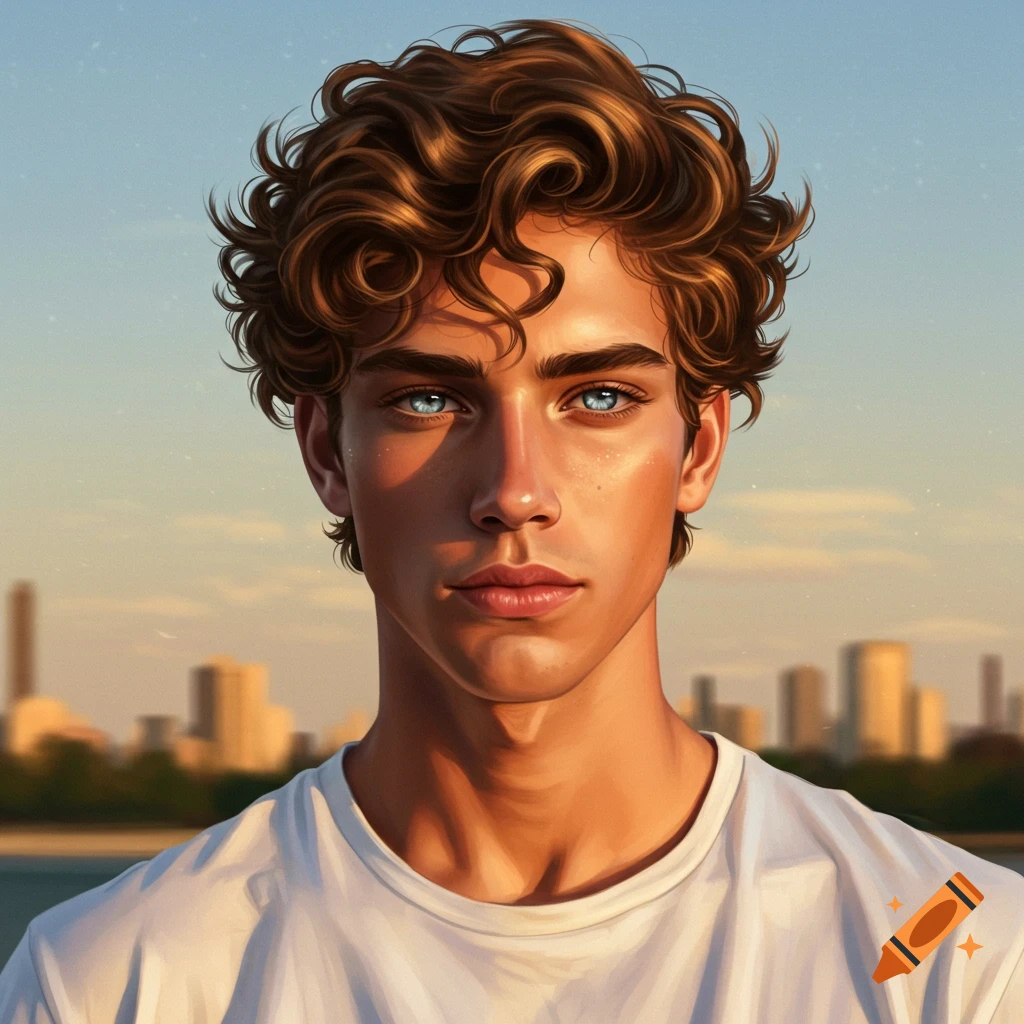 Photorealistic portrait of a young man with wavy brown hair and blue eyes in a white t-shirt, against a blurred city skyline at sunset.