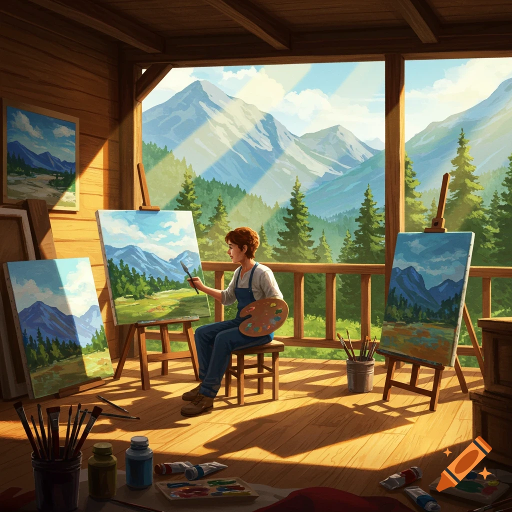 An artist paints a mountain landscape on an easel inside a rustic studio overlooking a vast mountain range.