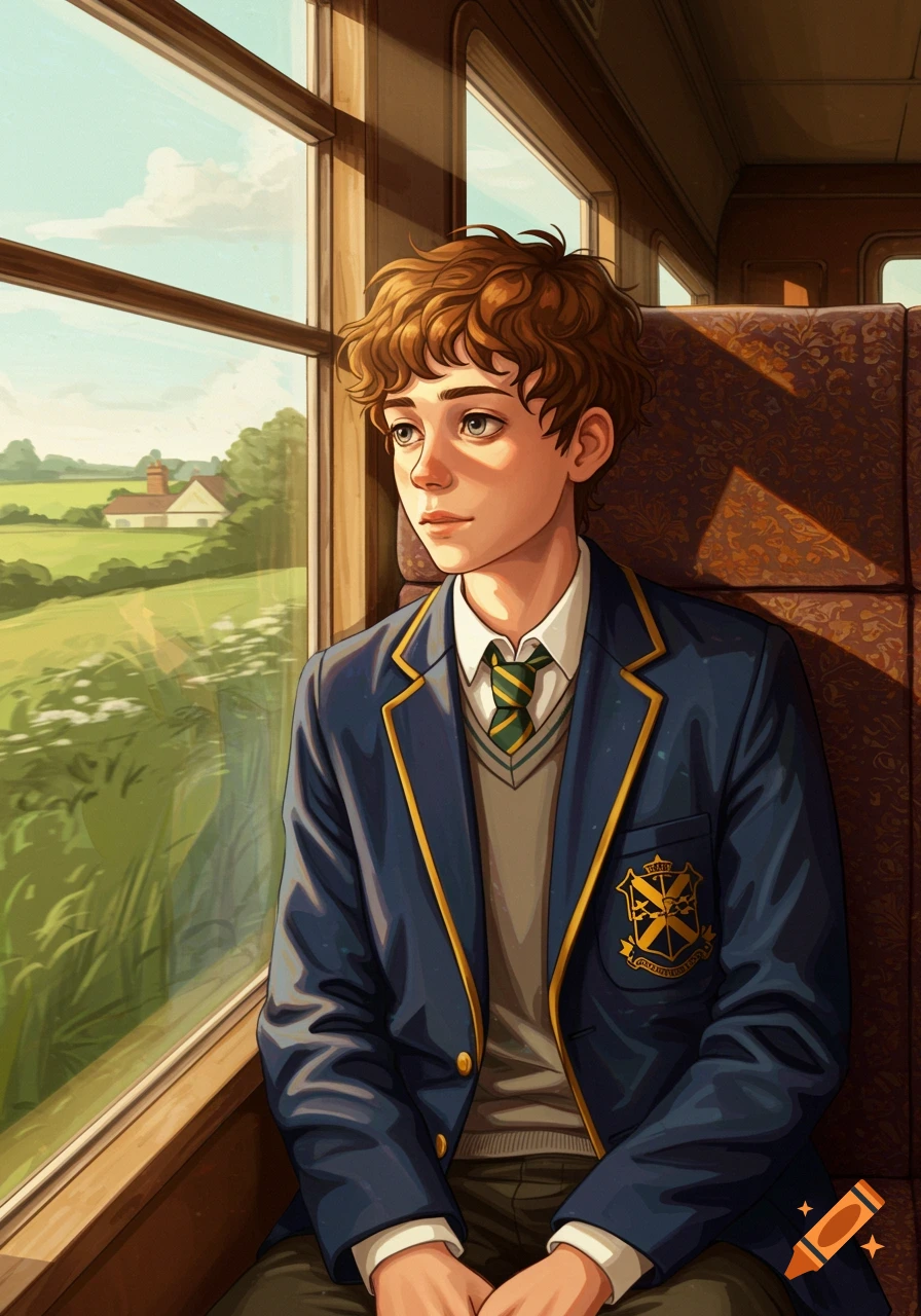 An anime-style illustration of a boy in a school uniform sitting by a window on a train, looking out at the countryside.