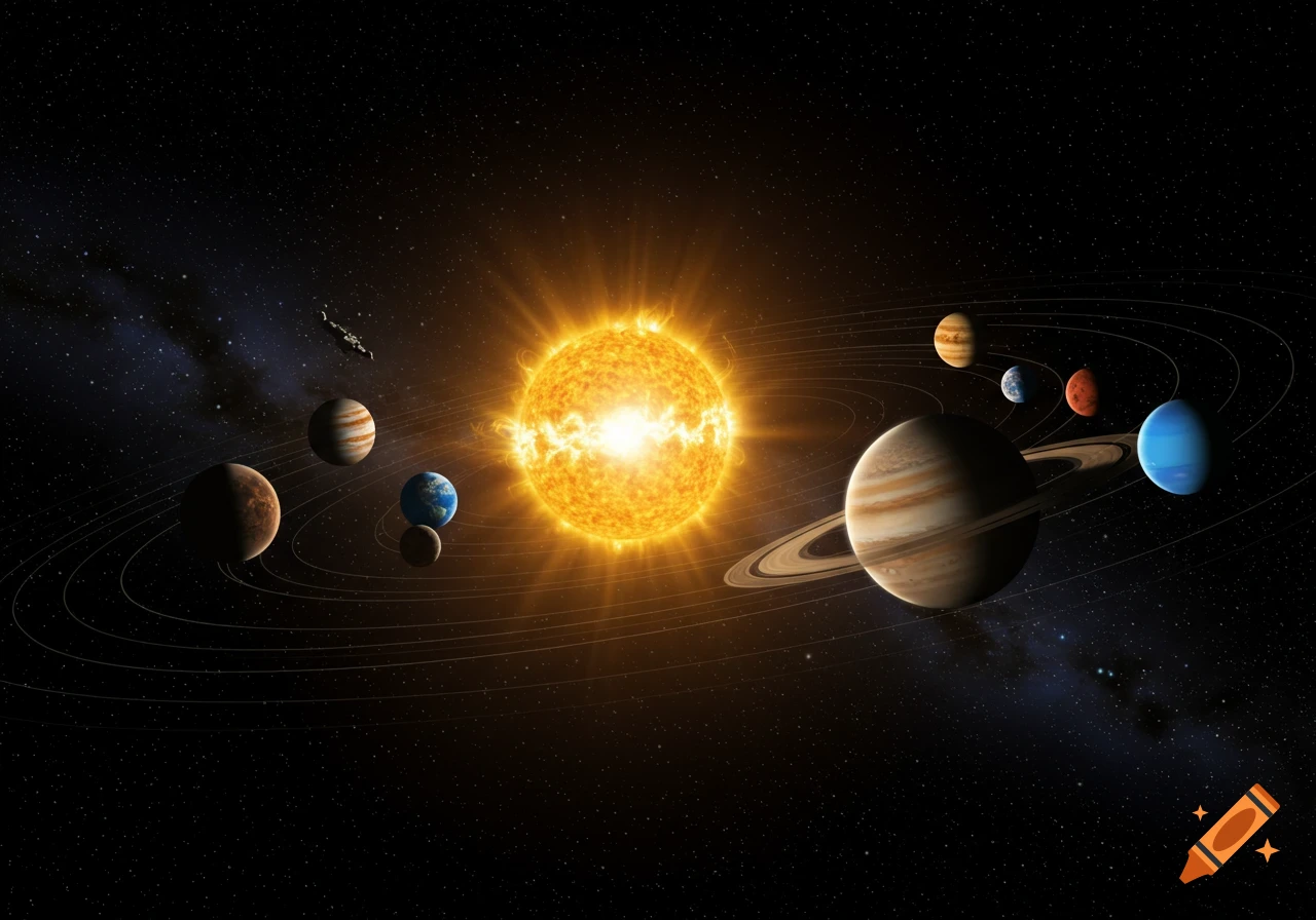 A detailed, realistic illustration of the solar system with the sun at the center, surrounded by planets and their orbits.