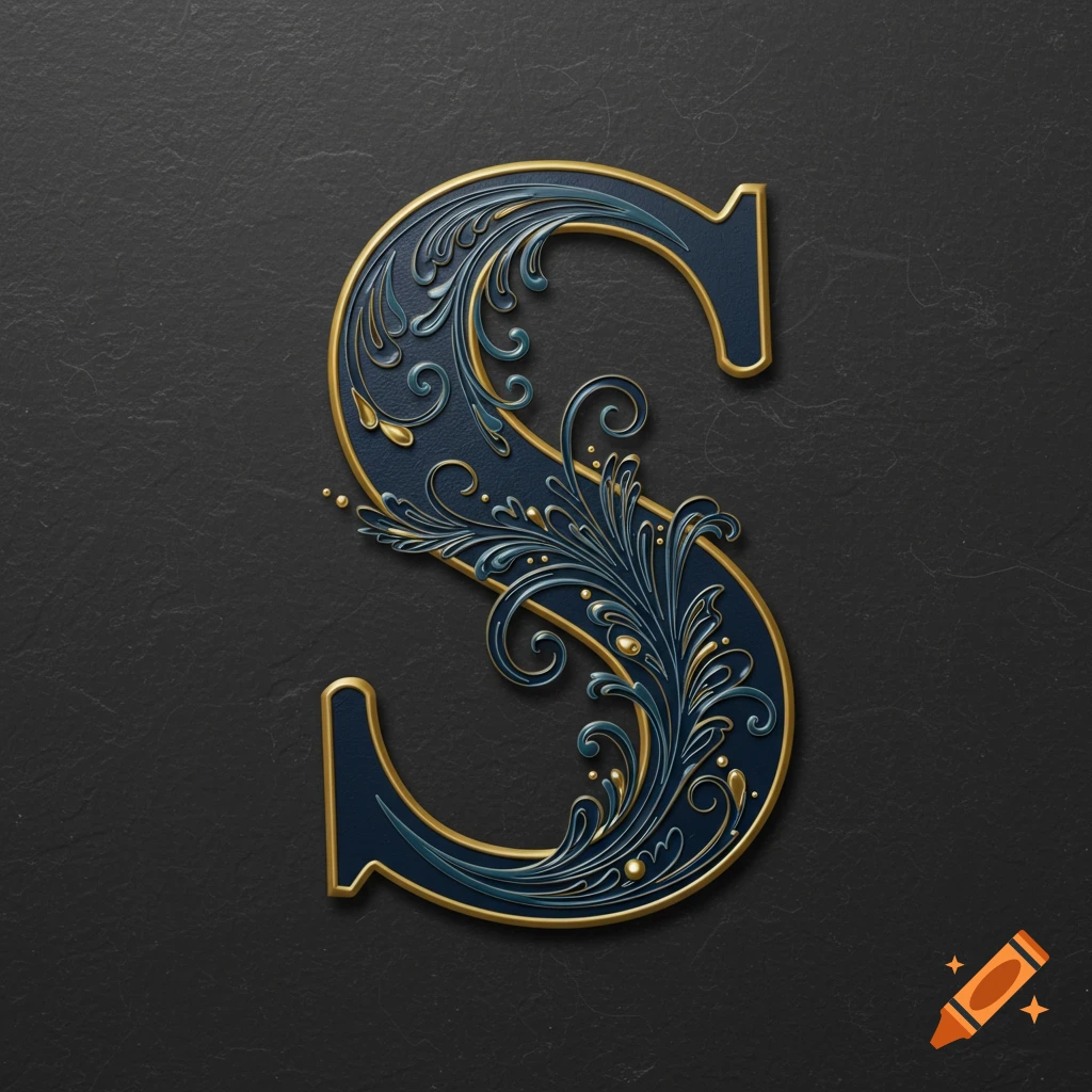 An ornate dark blue letter S with gold and teal paisley patterns, on a dark textured background.