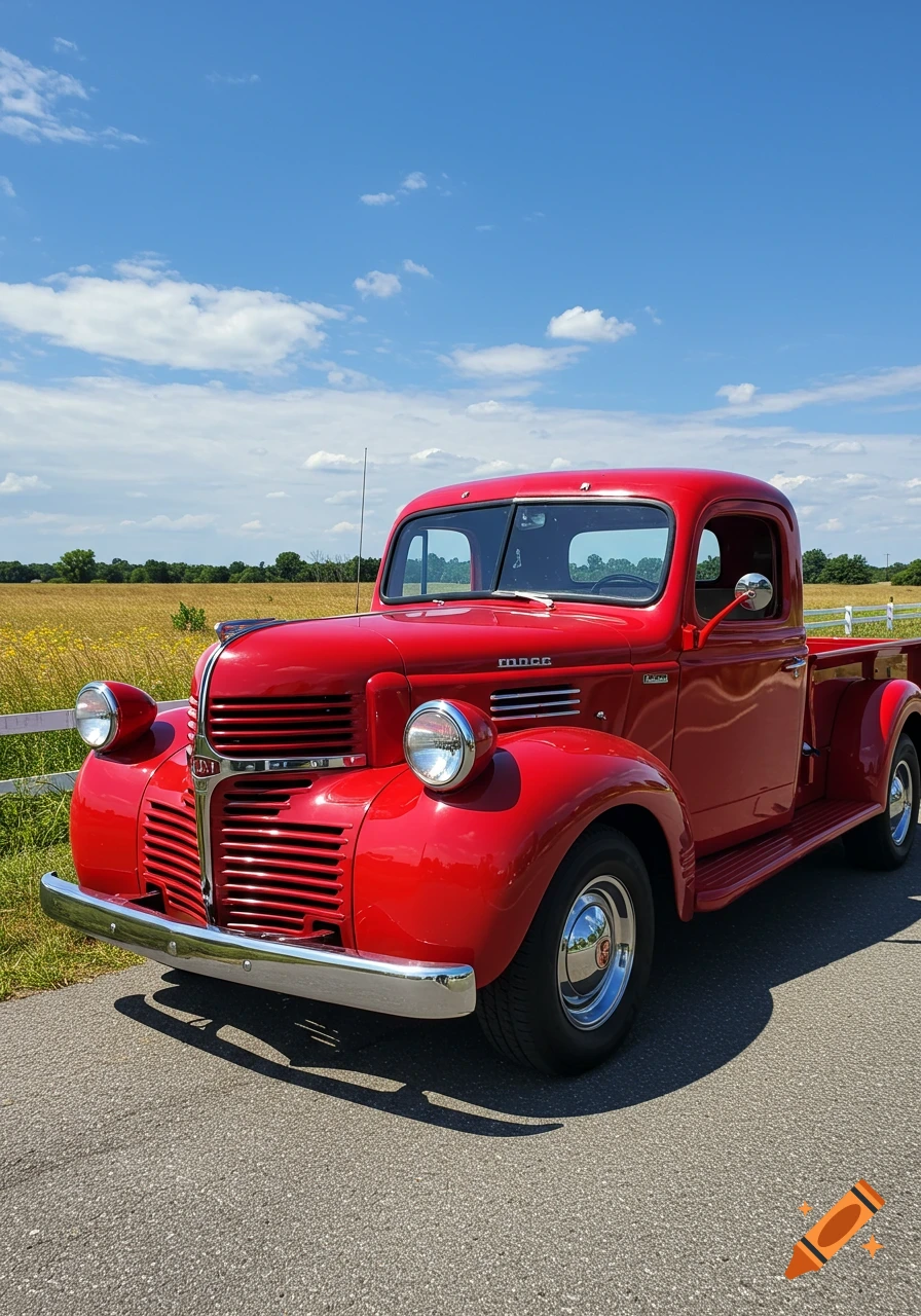 A vibrant red vintage Dodge pickup truck parked on an asphalt road next to a golden field under a clear blue sky.
