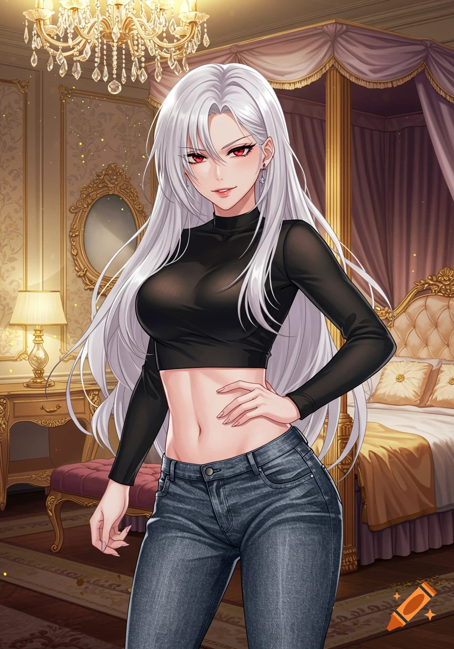 Anime-style woman with long white hair and red eyes in a black crop top and jeans, standing in a luxurious bedroom.