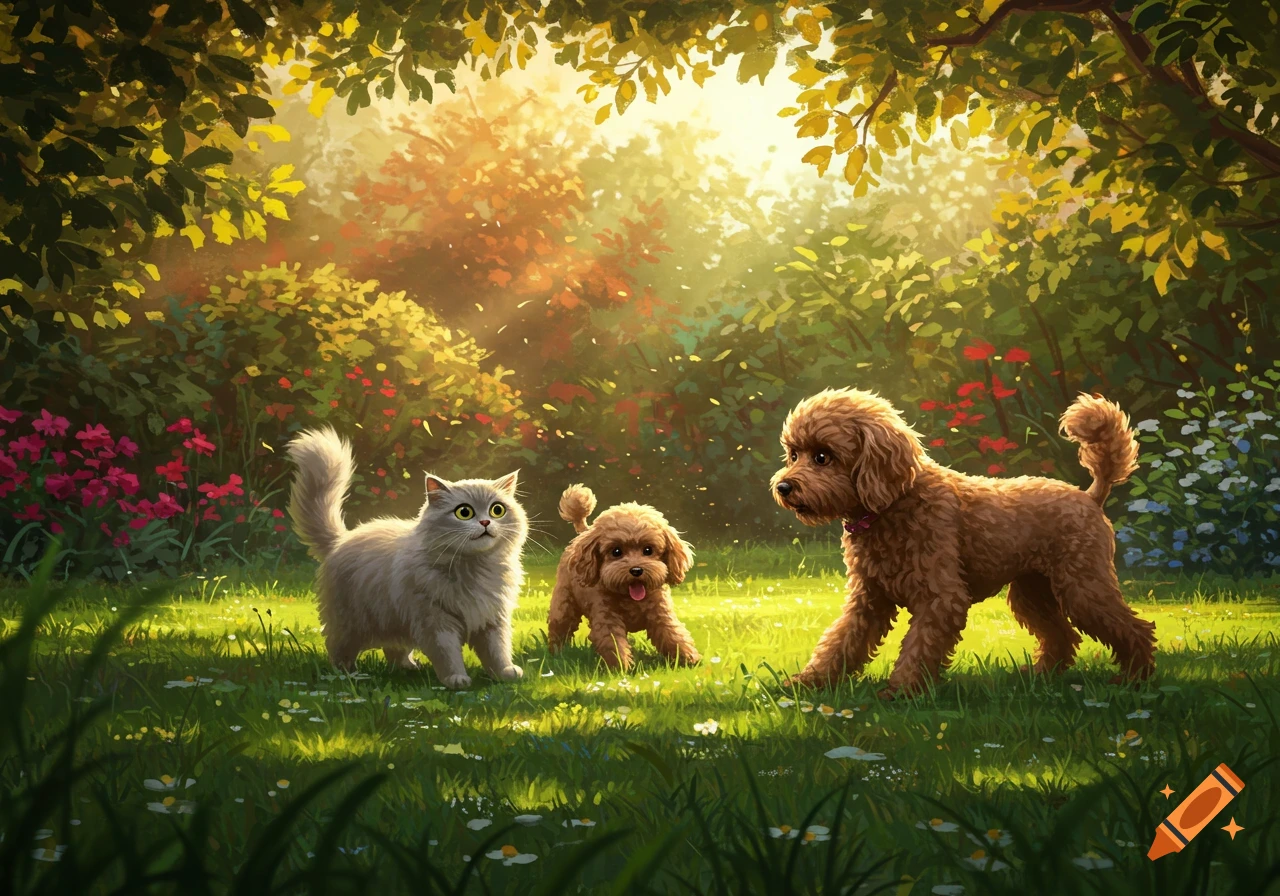 A grey cat with wide eyes looking at two brown poodle dogs in a sunlit garden, illustrative style.
