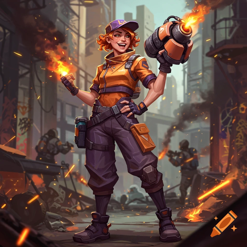Stylized female character, Raze, in a ruined city, holding a flamethrower and a flaming orb.