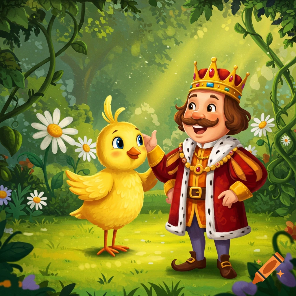 A vibrant cartoon illustration of a smiling king in royal attire standing next to a cheerful yellow chick in a lush green forest with daisies.