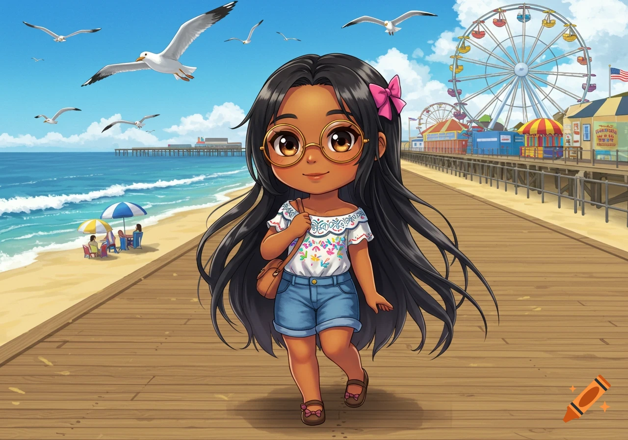 Anime girl with long black hair and glasses walks on a wooden boardwalk by a beach with an ocean, seagulls, and a Ferris wheel.
