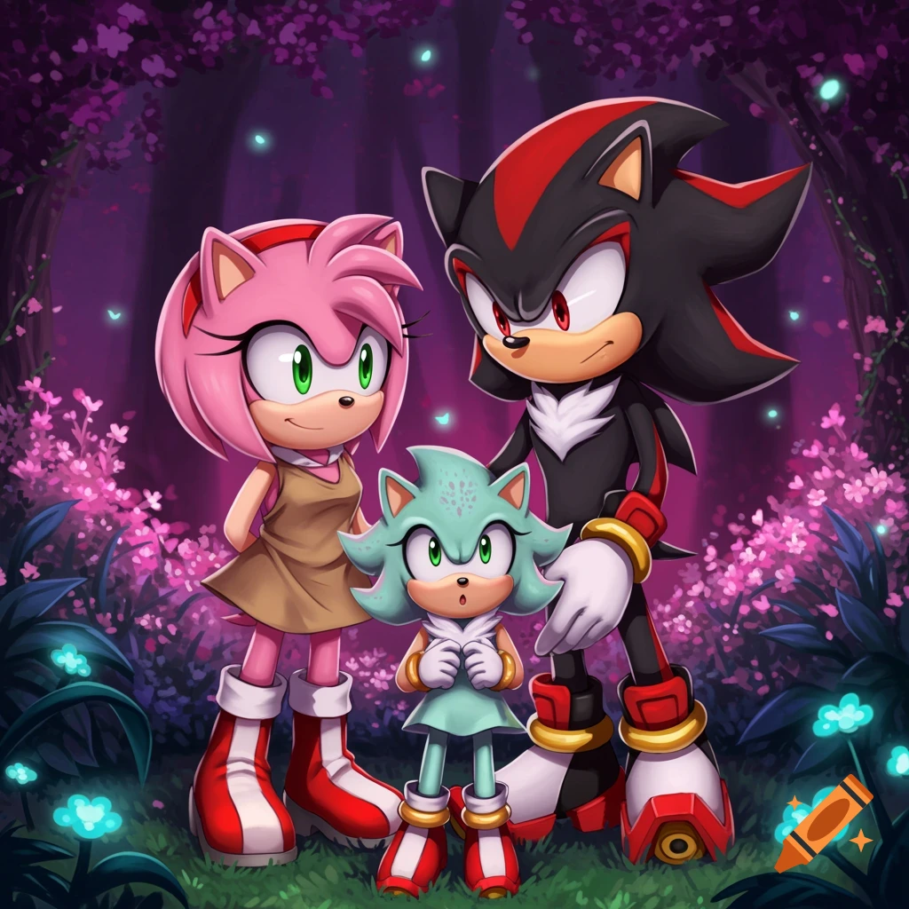 Amy Rose, Shadow the Hedgehog, and their child stand together in a vibrant, glowing purple and green magical forest.