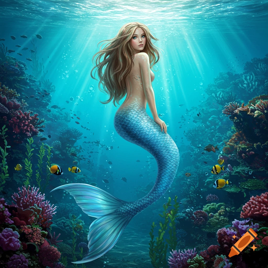 A mermaid with long light brown hair and a blue tail swims in a vibrant underwater coral reef with sun rays shining through the water.