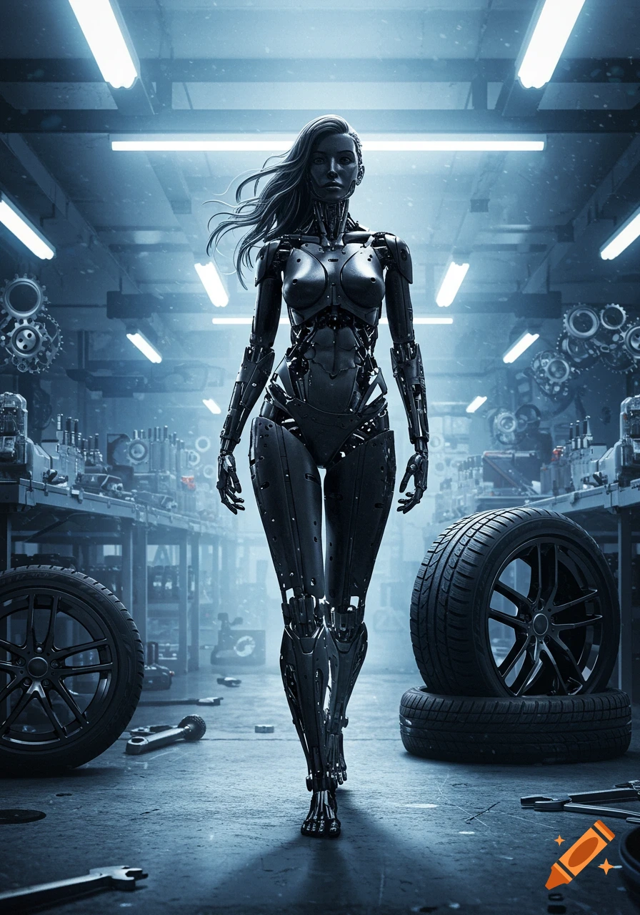A sleek, dark metallic female robot walks forward in a dimly lit industrial garage with tools and car tires.