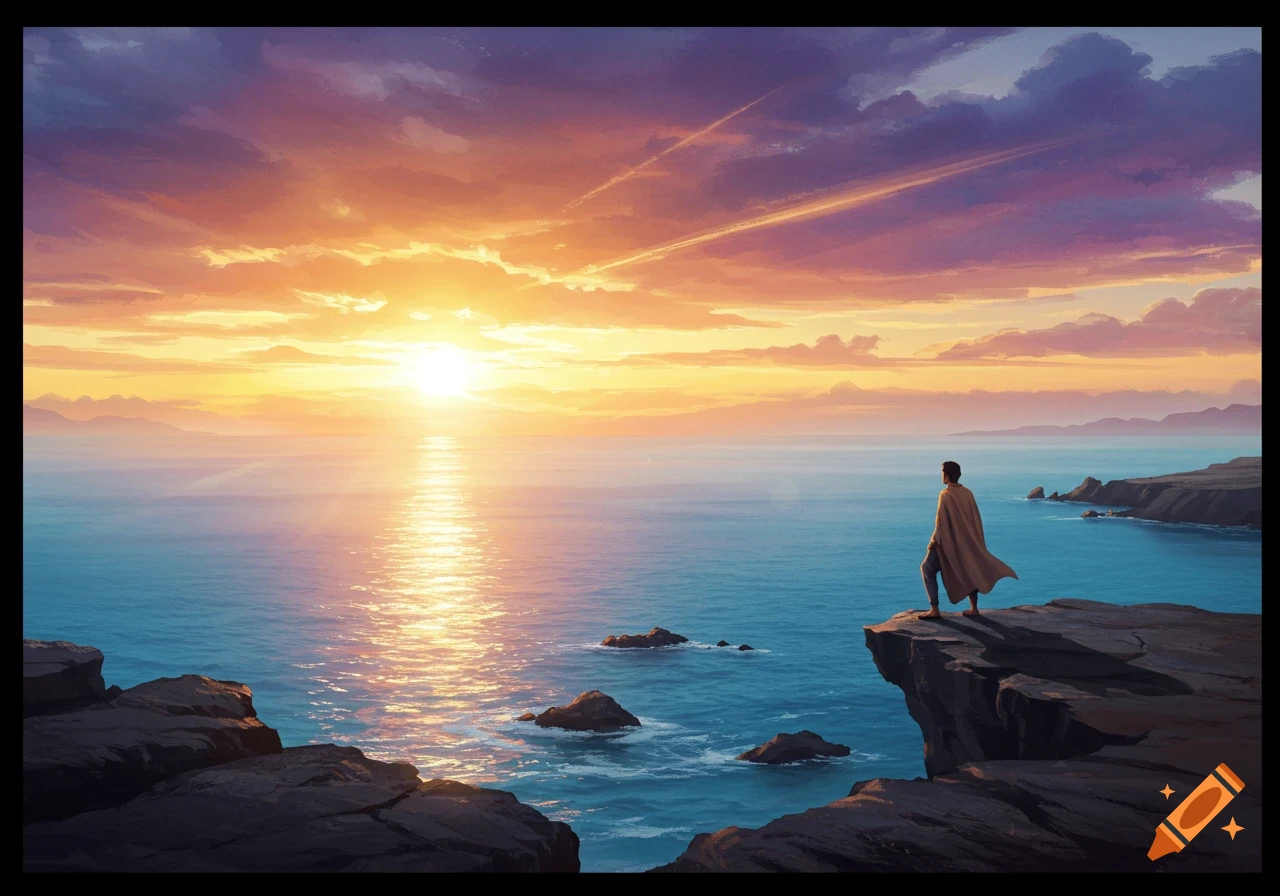 A person in a cloak stands on a cliff overlooking a vast ocean at sunset, with golden light reflecting on the water.