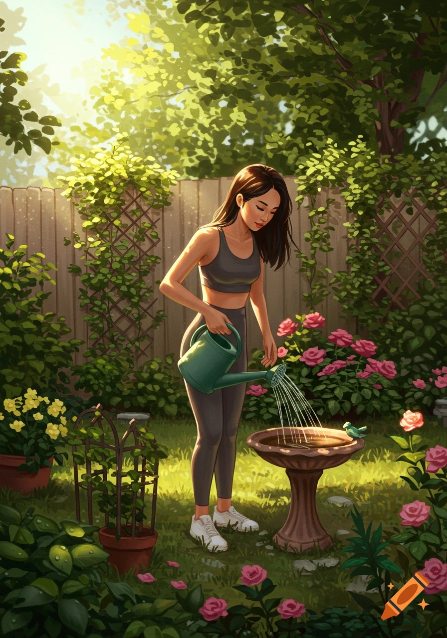 Illustrated Asian woman in workout clothes watering a bird bath in a sunny garden filled with flowers.