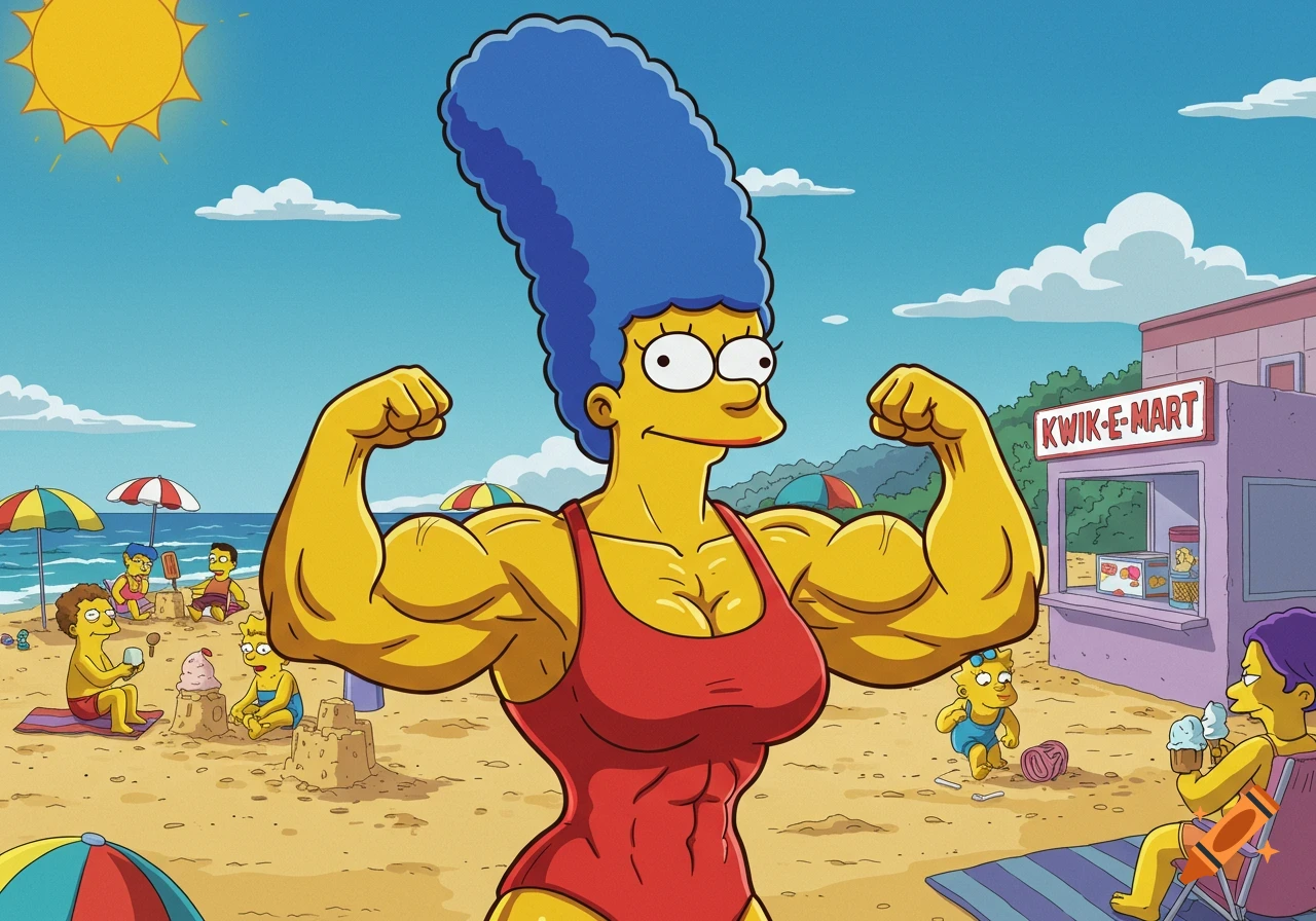 Cartoon Marge Simpson flexes her large muscles on a sunny beach with other characters.