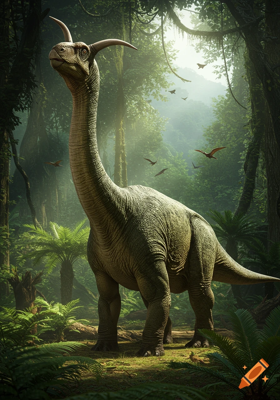 A tall, horned dinosaur with a long neck stands in a lush, sunlit prehistoric jungle with pterosaurs flying in the background.