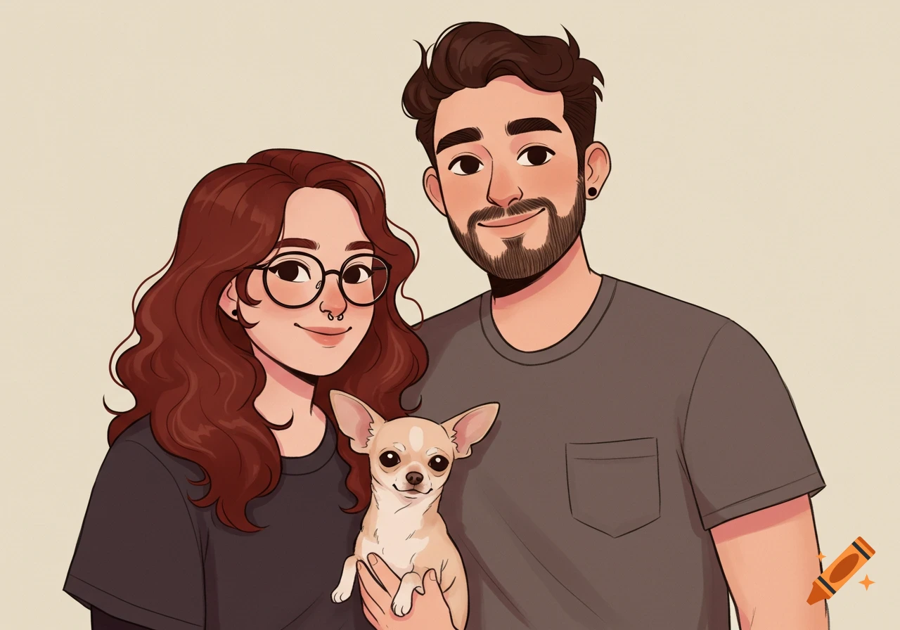 A cartoon portrait of a smiling couple with red-haired woman in glasses and bearded man, holding a small Chihuahua.