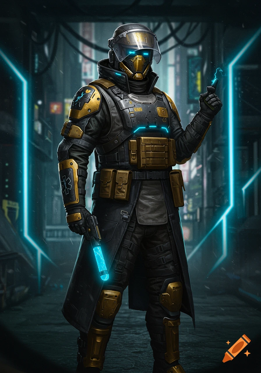 A futuristic medic in black and gold riot gear with glowing blue elements stands on a rainy cyberpunk street, holding a glowing dart pistol.