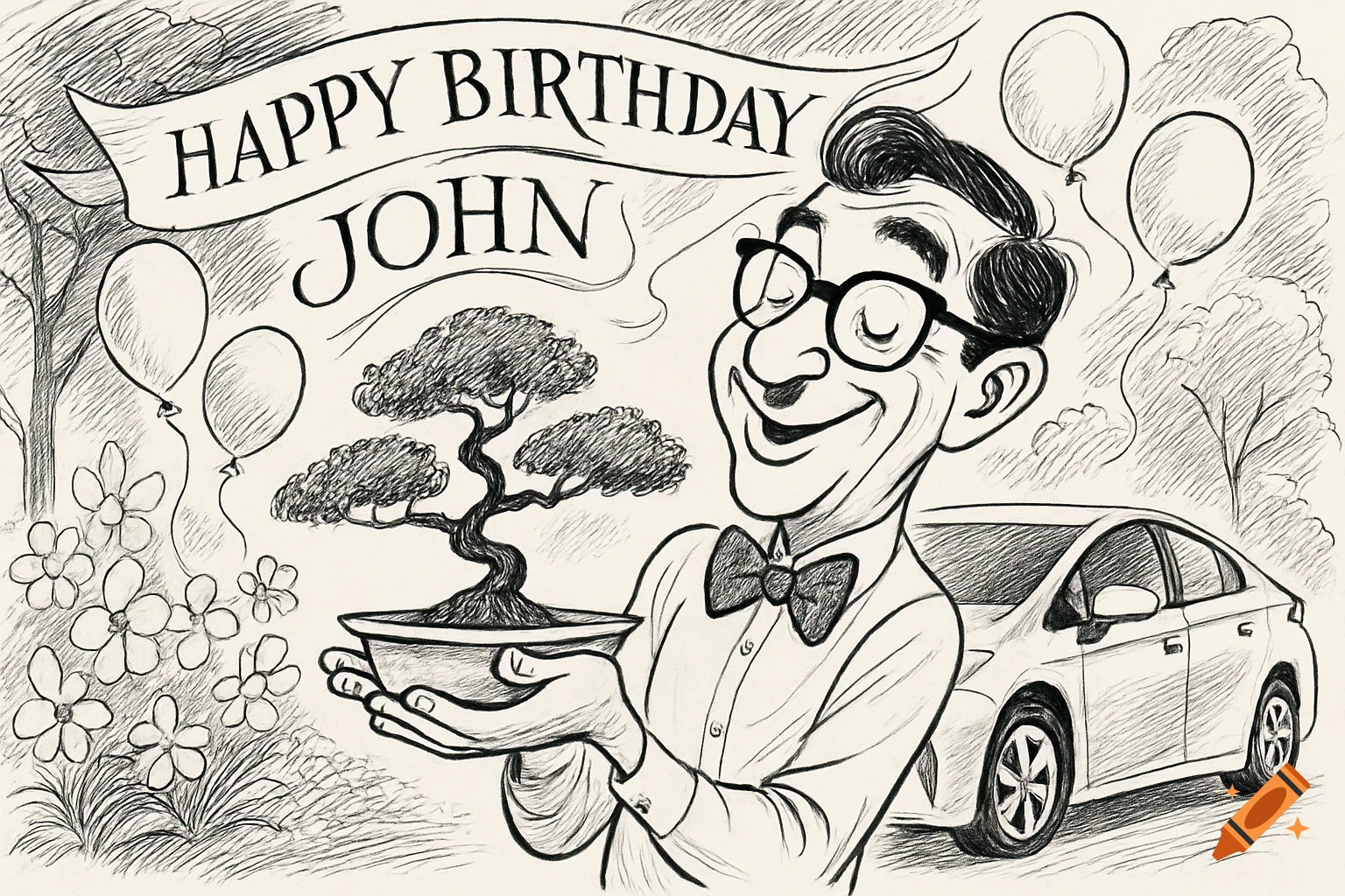 Black and white sketch of a happy man in eyeglasses holding a bonsai tree next to a car, with a 'Happy Birthday John' banner and balloons.