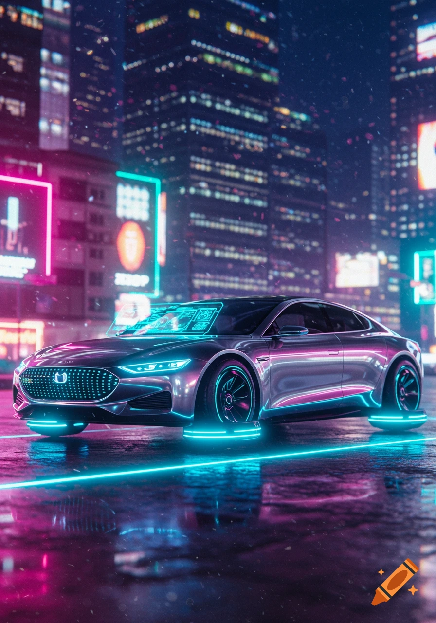 A futuristic silver car with neon blue and pink lighting sits on a wet street in a cyberpunk city at night, reflecting tall illuminated buildings.