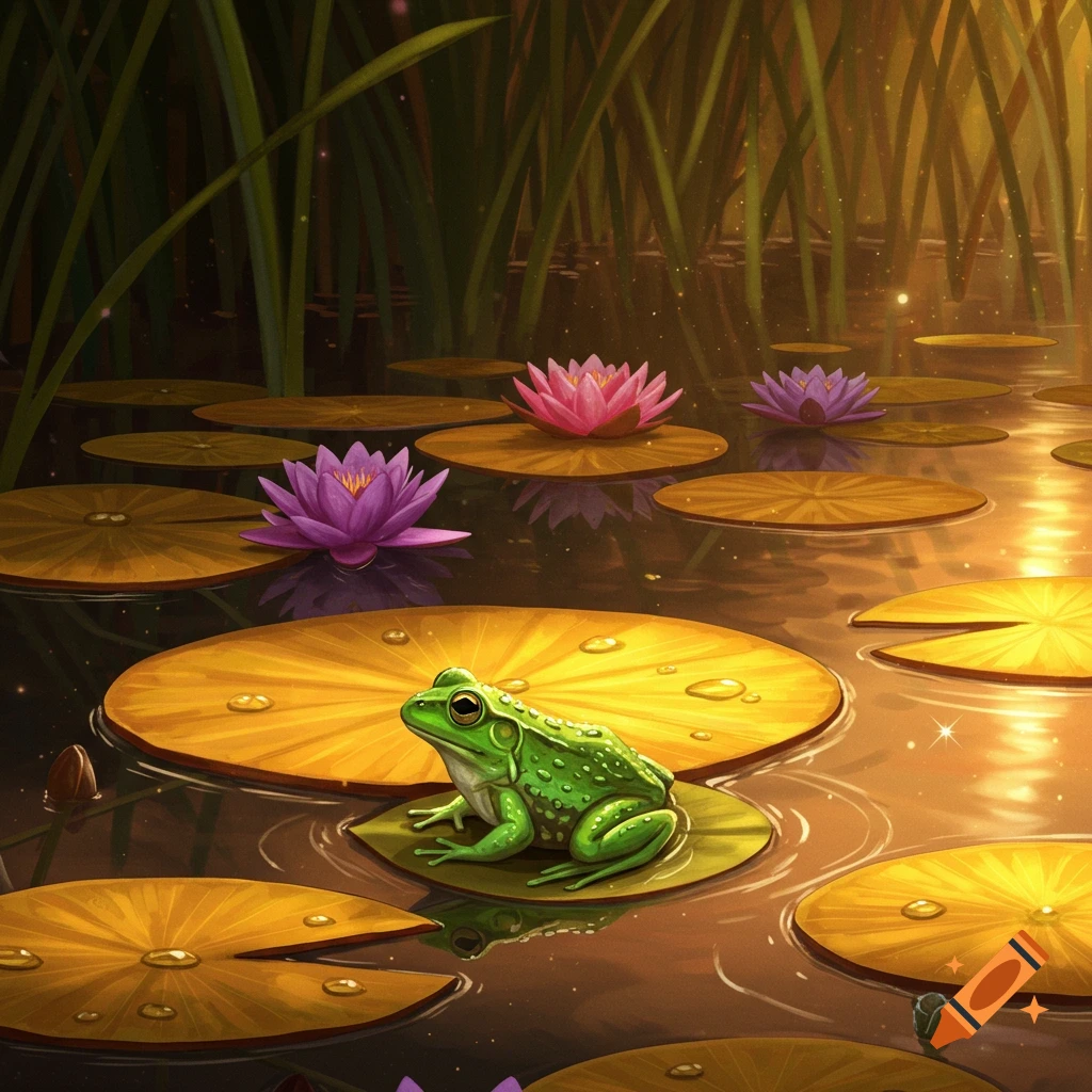 A bright green frog sits on a lily pad in a pond with pink and purple water lilies and tall grass, illuminated by golden light.