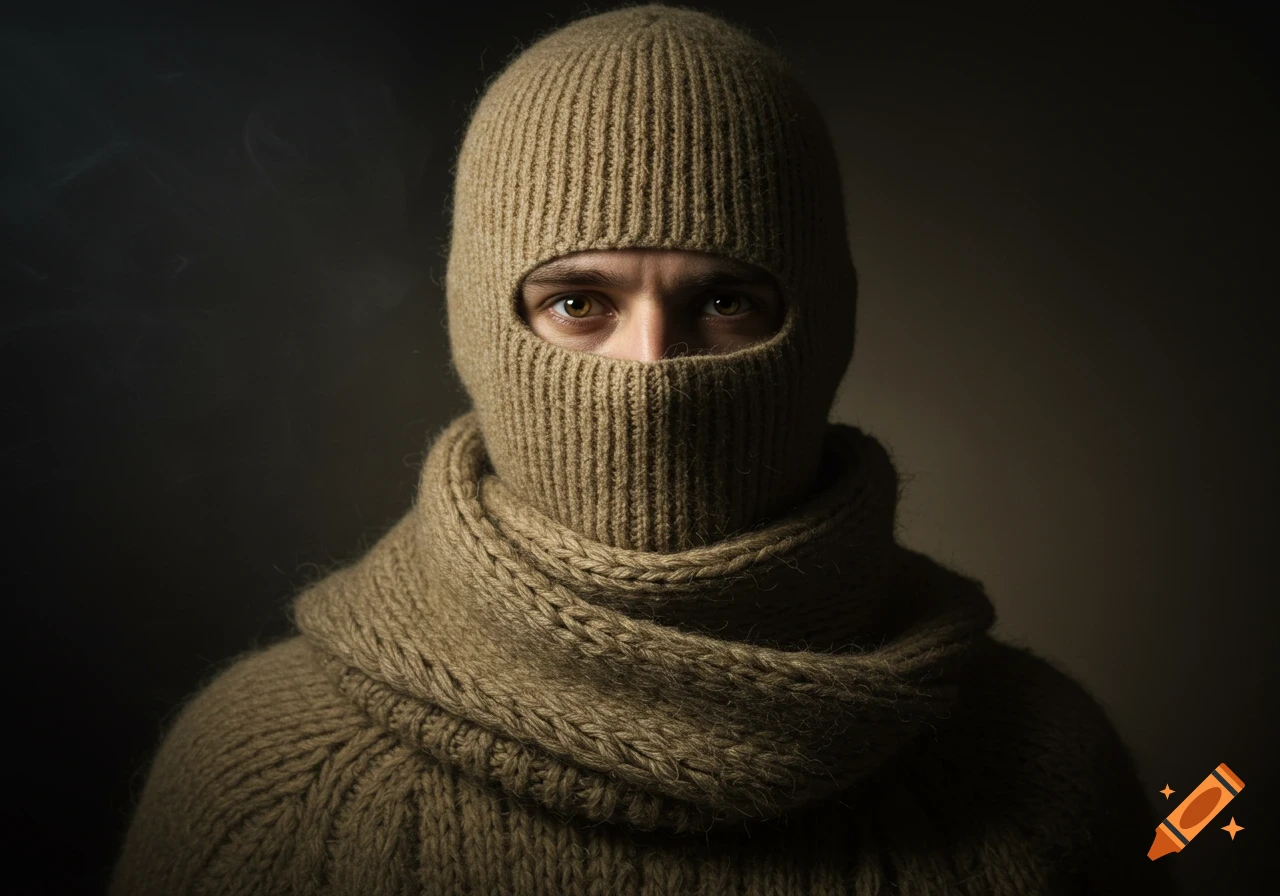 Close-up photorealistic portrait of a person wearing a thick beige knitted balaclava and scarf, with only their hazel eyes visible against a dark background.