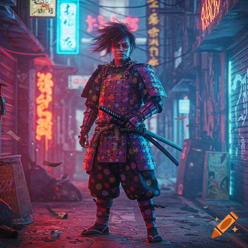 A person in polka-dotted samurai armor stands in a neon-lit cyberpunk alley.