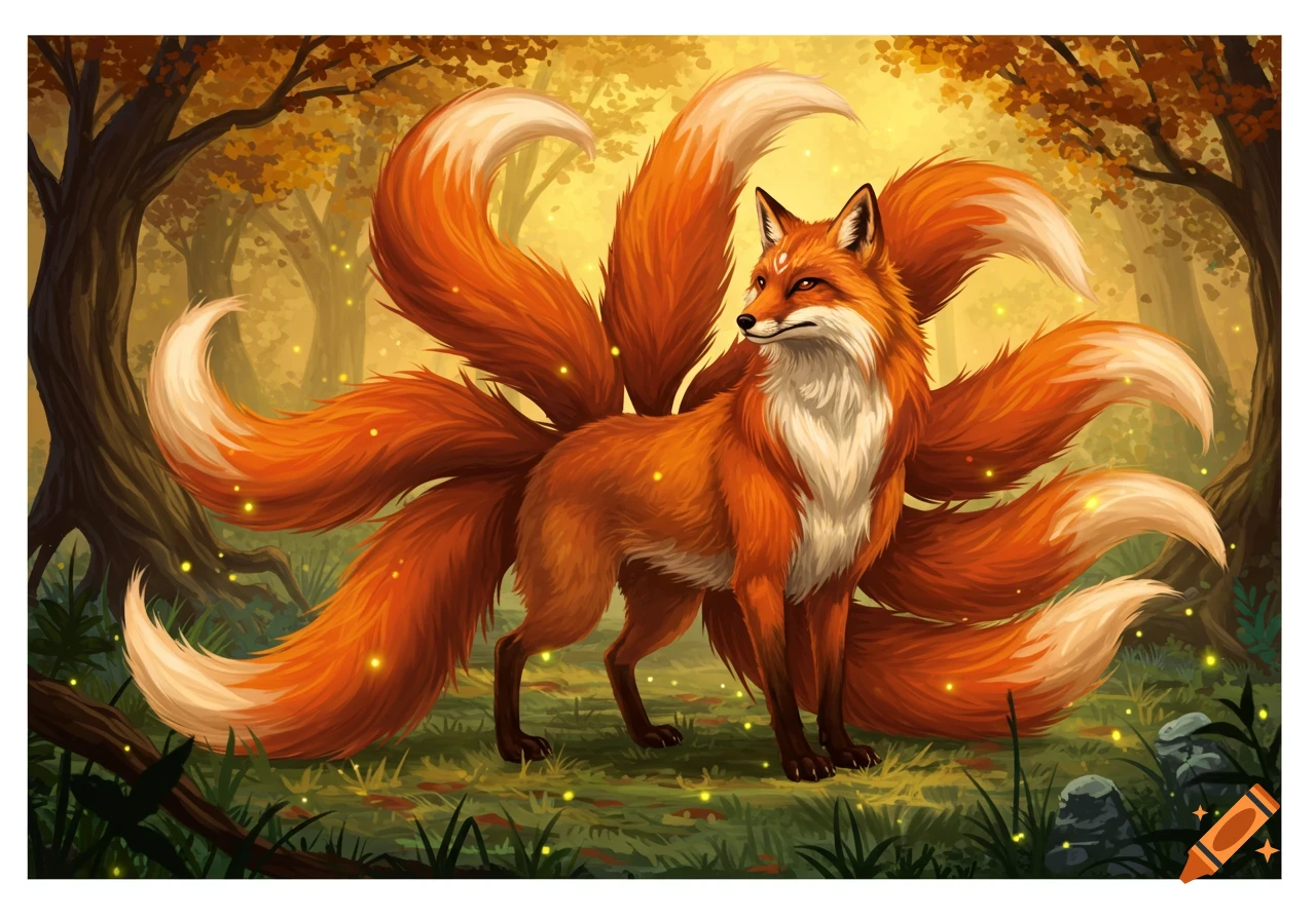 A majestic orange nine-tailed fox stands in an enchanted forest with glowing specks.
