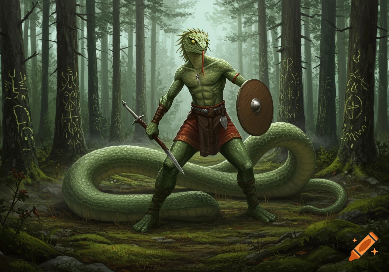 A green humanoid snake warrior with a sword and shield stands in a forest with glowing symbols carved into tree trunks.