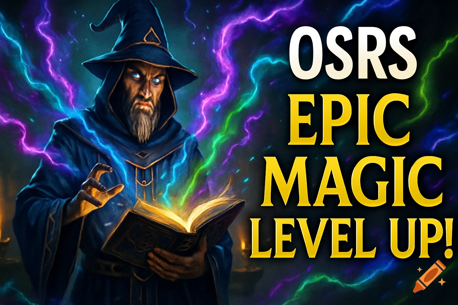 A wizard in a blue robe and hat casts a spell from a glowing book, surrounded by colorful lightning. Text reads 'OSRS EPIC MAGIC LEVEL UP!'