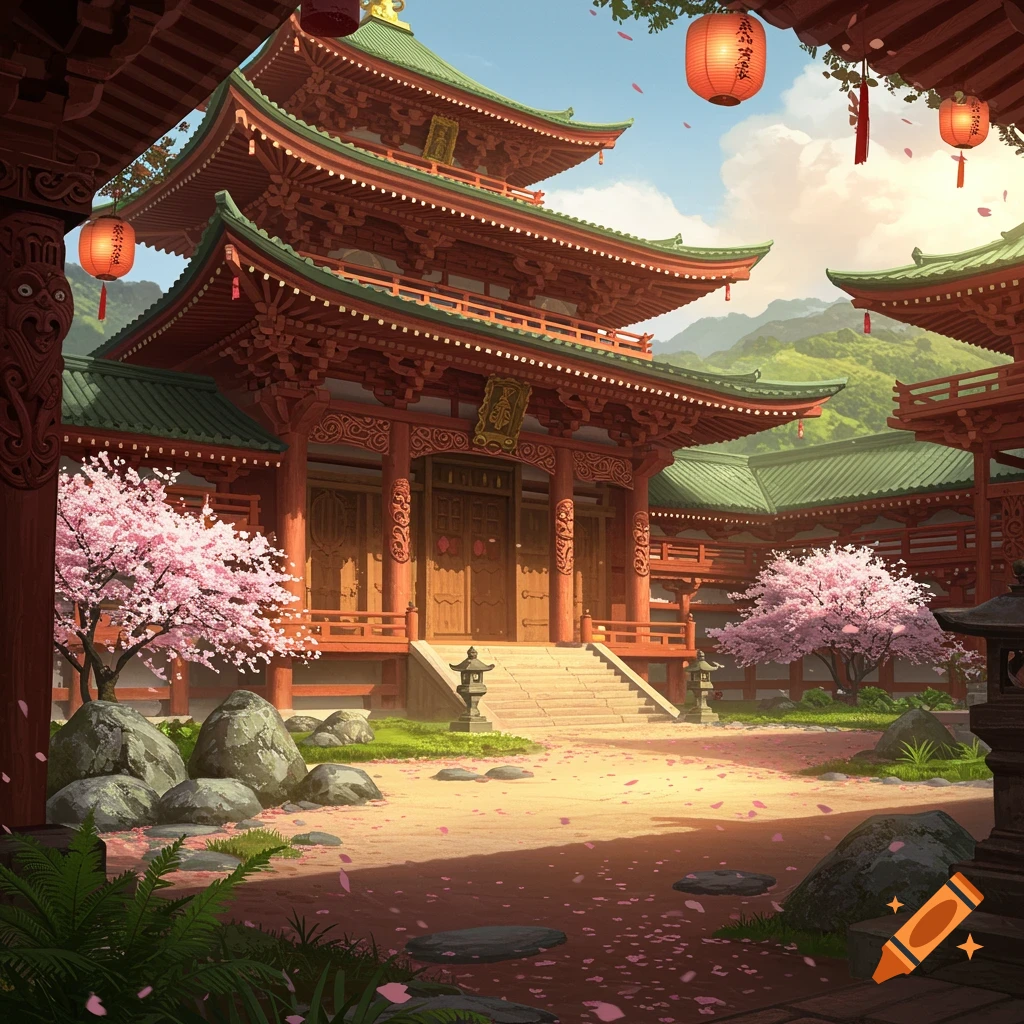 A vibrant Japanese-style temple with red tiered roofs, green eaves, and white cherry blossoms in a courtyard with fallen petals.