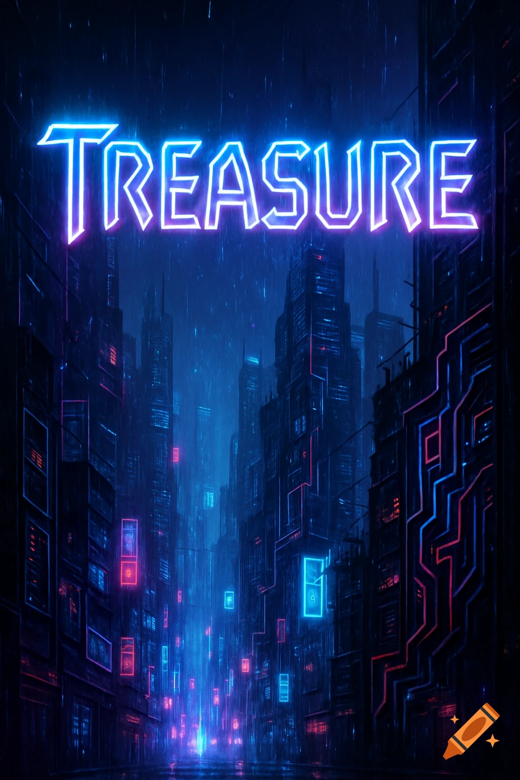 A cyberpunk city street at night with neon lights and glowing text 'TREASURE' overhead in the rain.