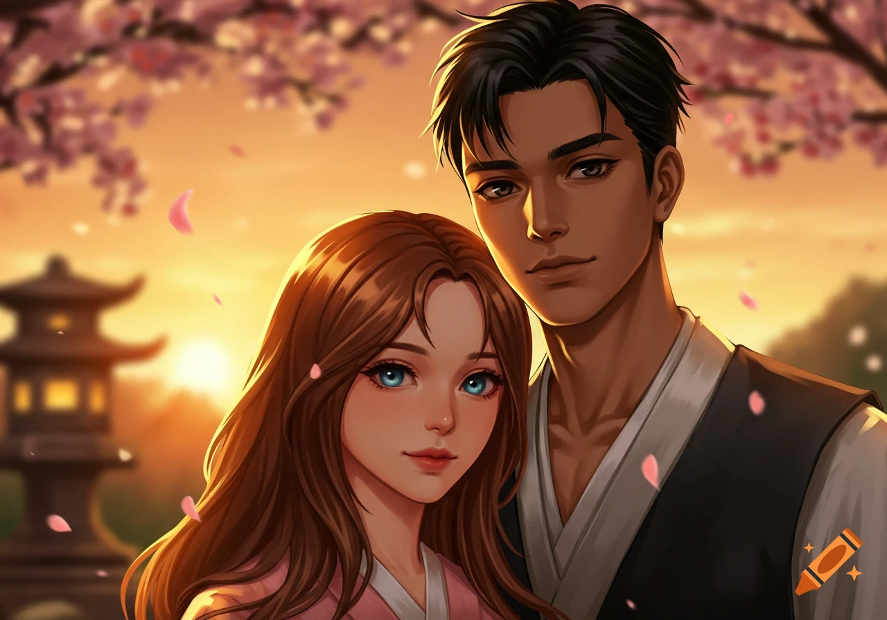 An anime-style illustration of a couple standing amongst cherry blossoms at sunset, with a pagoda in the background.