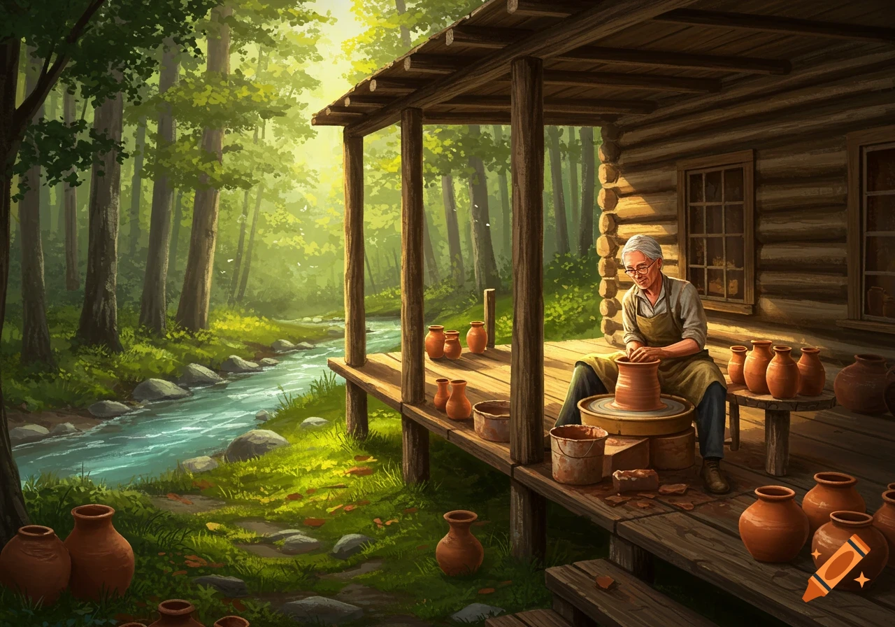 An old man makes pottery on the porch of a log cabin next to a stream in a sunlit forest, surrounded by finished pots.