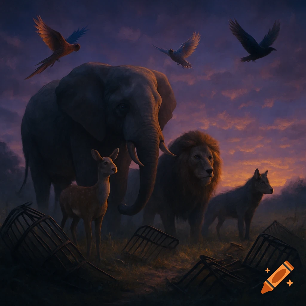 An elephant, deer, lion, wolf, and birds stand among broken cages at sunset, conveying a powerful, sad atmosphere.