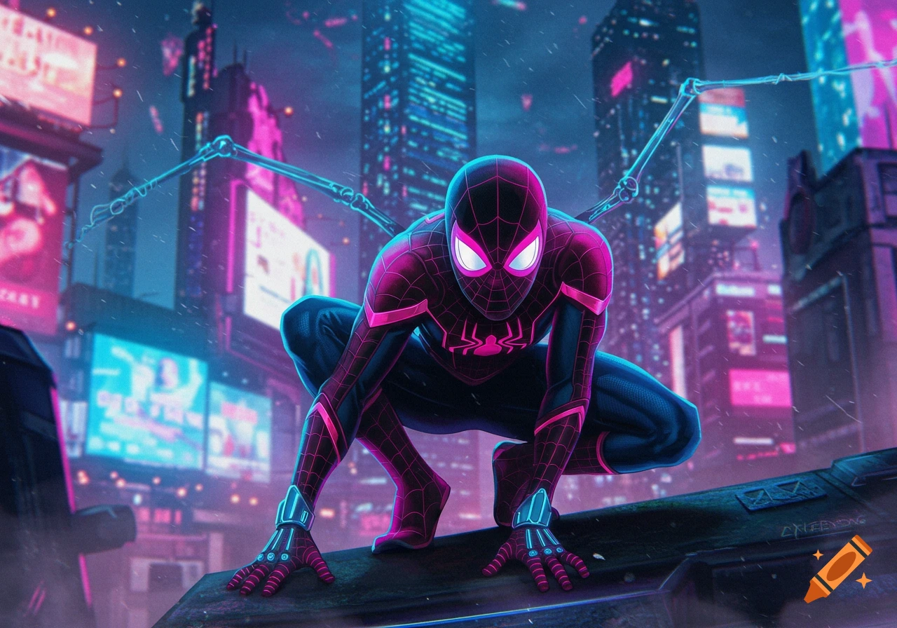 Spider-Man crouches on a rooftop in a neon-lit futuristic city, rendered in a vibrant, stylized art style.