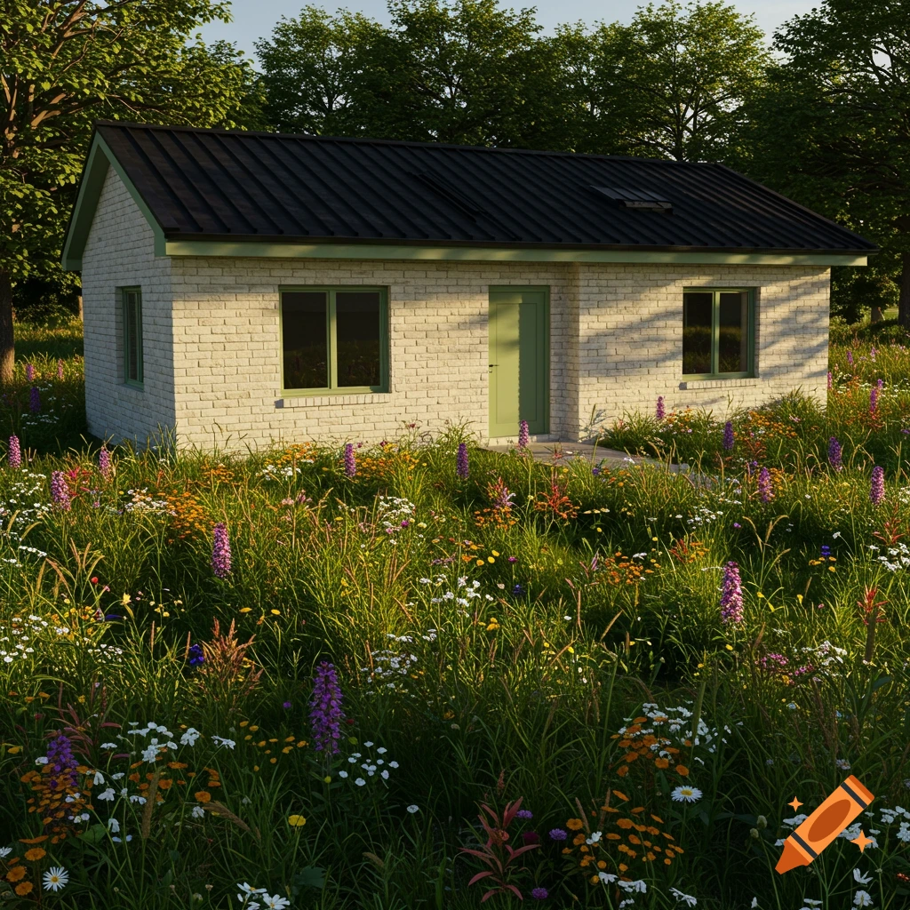A small white brick house with a black roof and green trim, surrounded by a field of tall grass and colorful wildflowers.