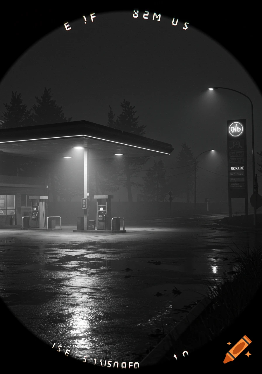 Monochrome security camera footage of a gas station at night, with bright lights illuminating the pumps and wet ground.
