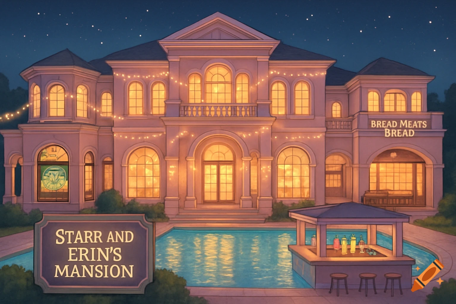 A luxurious pink and white mansion at night with glowing windows, fairy lights, a pool, a swim-up bar, and signs.