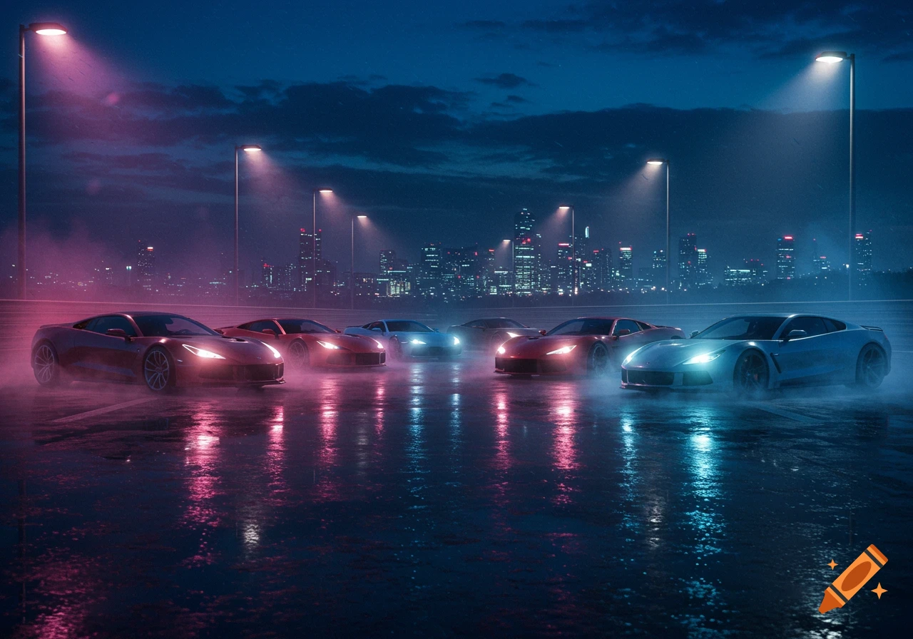Sports cars parked on a wet street at night with neon lighting and a city skyline.