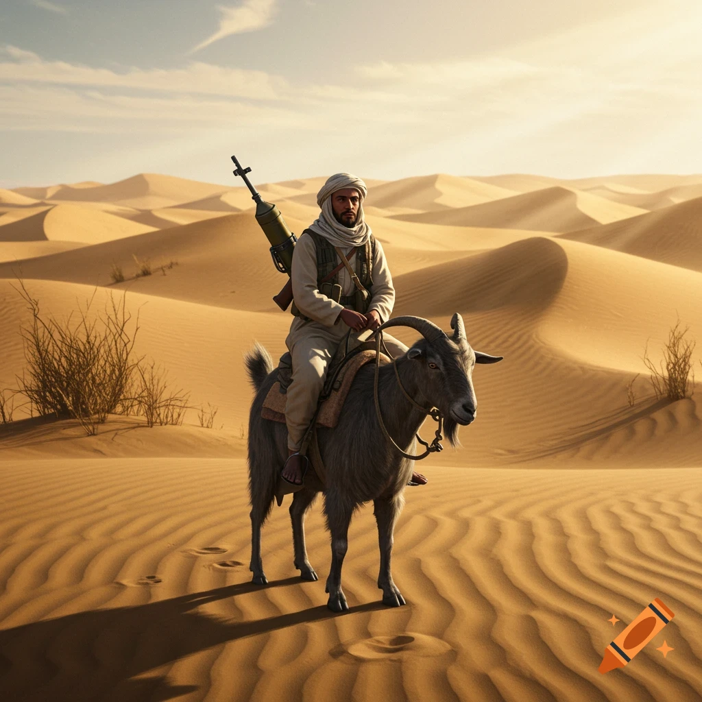 A man in a turban with an RPG on his back rides a goat across vast sand dunes in a photorealistic desert scene.