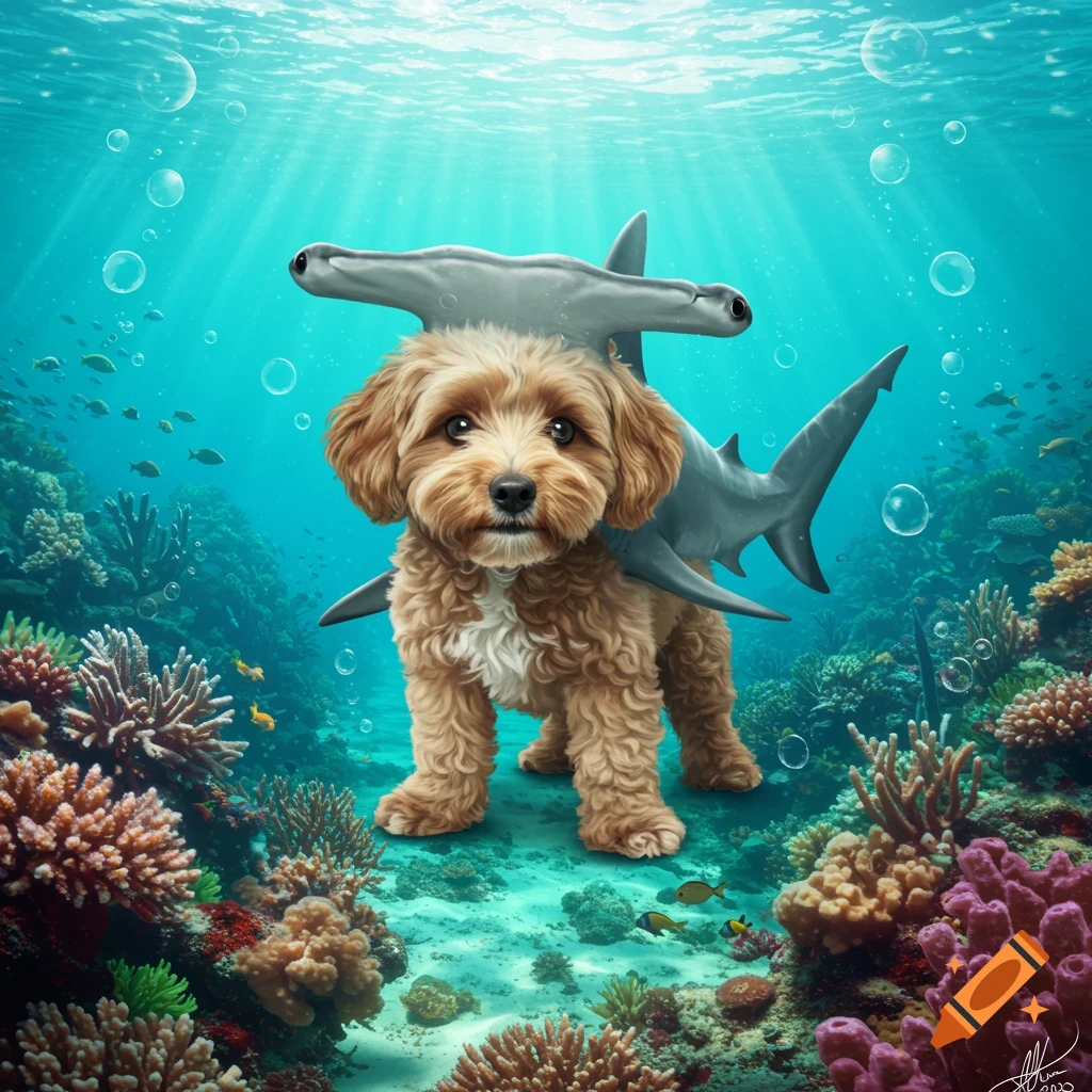 A fluffy brown cockapoo dog with a hammerhead shark's body and fins on its back stands on the ocean floor amidst colorful coral reefs, with light rays and bubbles visible from above.