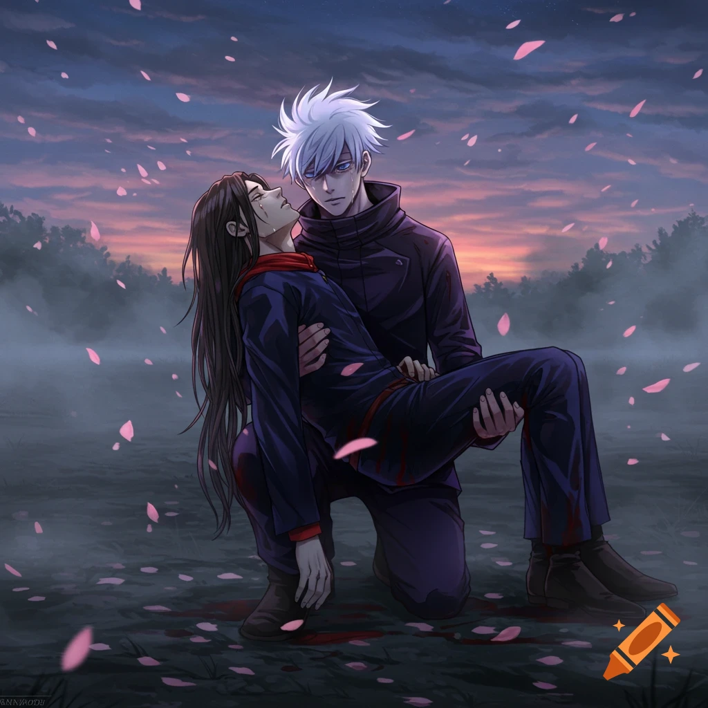 White-haired anime man Gojo holds injured dark-haired man Geto in a misty, petal-strewn field at dusk, blood on the ground.