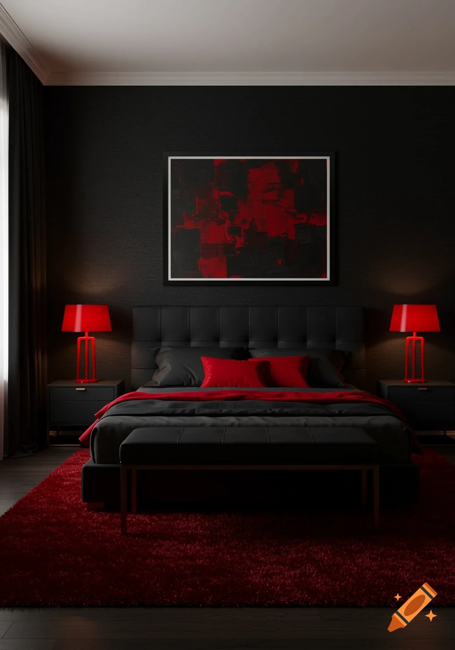 A modern bedroom with black walls, a black bed with red pillows and a red throw, red table lamps, and a red shag rug. A red and black abstract painting hangs above the bed.