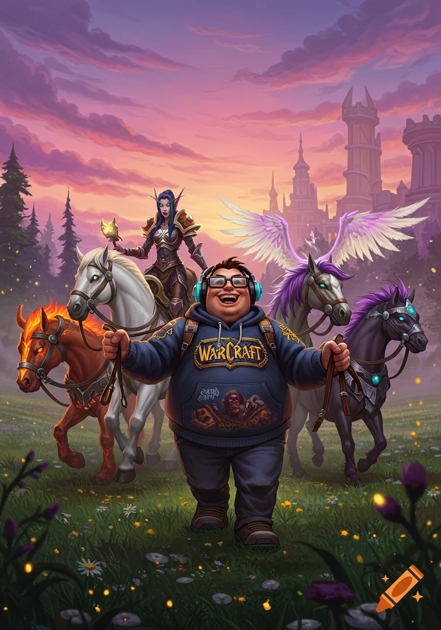 A smiling man wearing a World of Warcraft hoodie walks several fantasy mounts on leashes, accompanied by an elf riding a white horse, set against a castle backdrop at sunset.