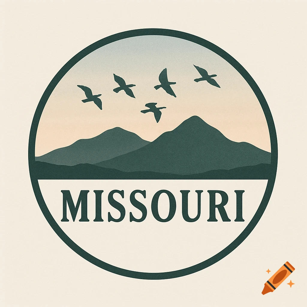 A circular logo featuring dark green mountains and flying birds above, with the word "MISSOURI" below, on a light beige background.