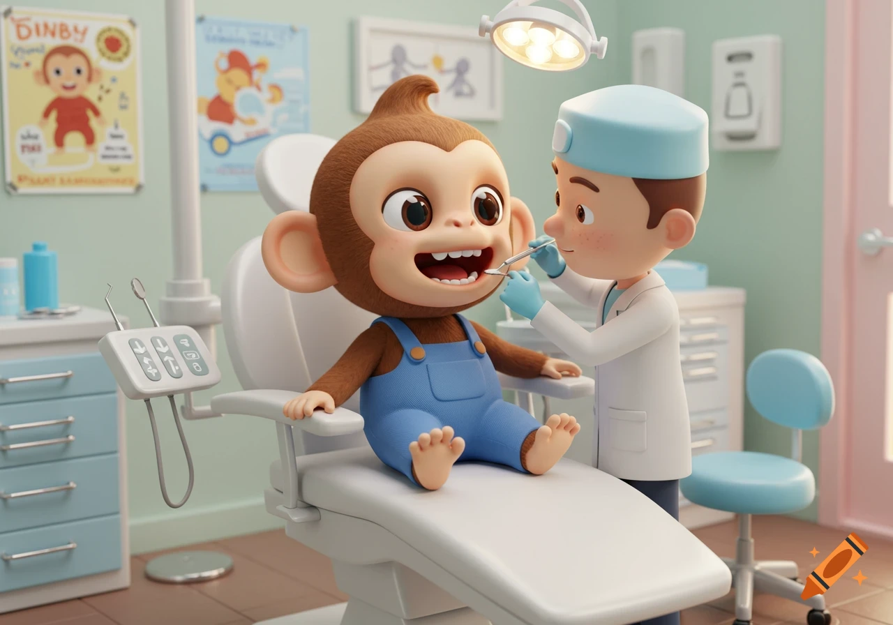 A 3D cartoon baby monkey in blue overalls sits in a dentist's chair while a dentist in a lab coat checks its teeth with an instrument, in a brightly lit dental clinic.