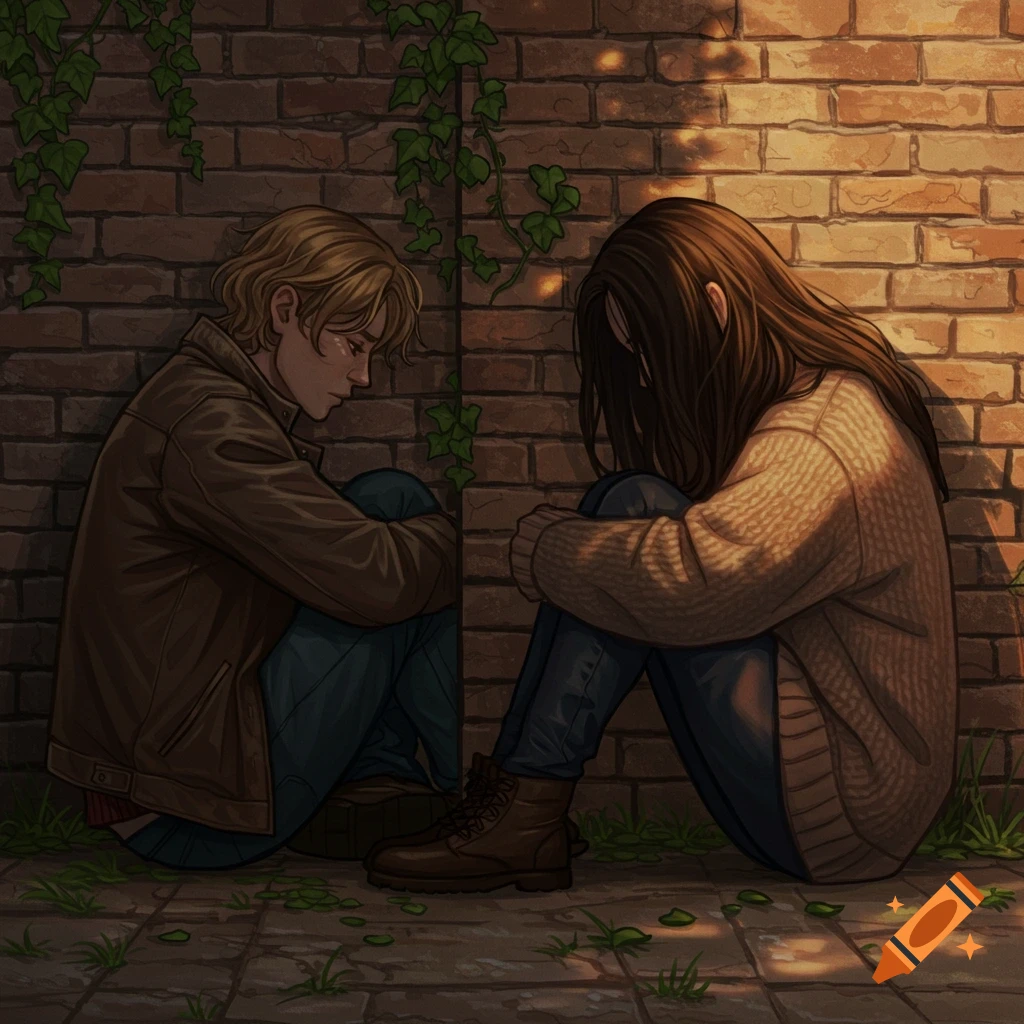 Illustration of a man and woman sitting separately by a brick wall, both hugging their knees, in warm, melancholic light.